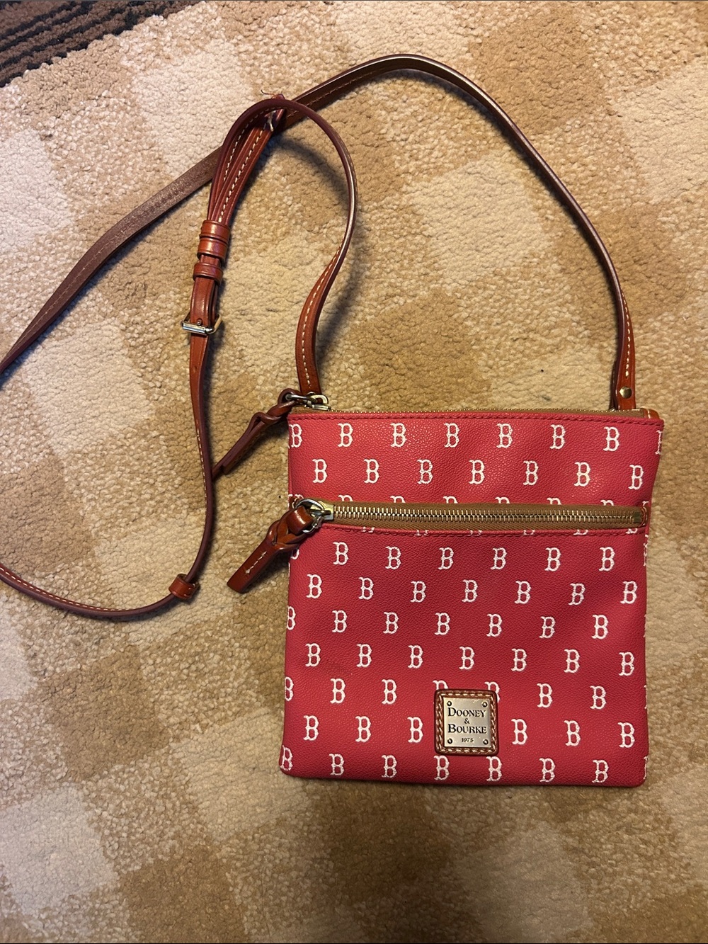 Red Sox Dooney & Bourke Red Signature B Crossbody with Brown Leather Strap